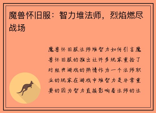 魔兽怀旧服：智力堆法师，烈焰燃尽战场